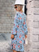 Floral Blue Skirt Dress with Pleats - Women's Autumn and Winter Style