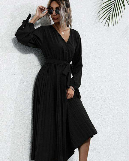 Chic Solid Color V-Neck Dress with Petal Sleeves - Essential for Women's Wardrobe