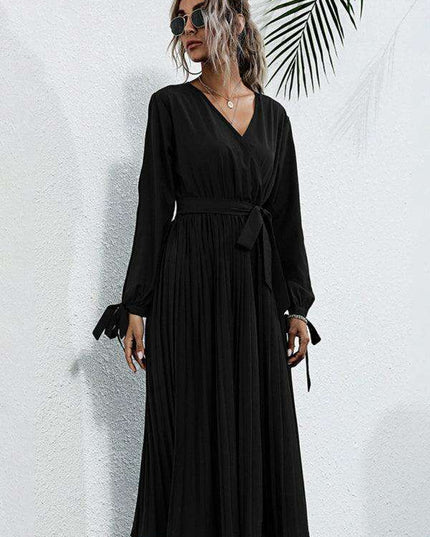 Chic Solid Color V-Neck Dress with Petal Sleeves - Essential for Women's Wardrobe