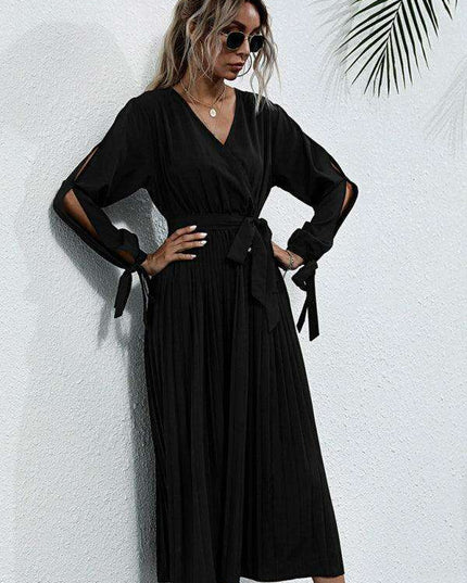 Chic Solid Color V-Neck Dress with Petal Sleeves - Essential for Women's Wardrobe