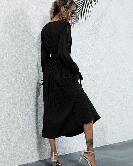 Chic Solid Color V-Neck Dress with Petal Sleeves - Essential for Women's Wardrobe