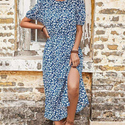 Floral Blue Split Skirt Dress - Chic European-American Elegance