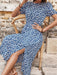 Floral Blue Split Skirt Dress - Chic European American Fashion