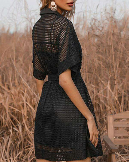 Sophisticated Black Mesh Dress with Stylish Lapel Accents - A Timeless Wardrobe Essential