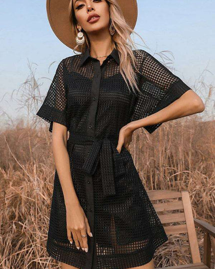 Sophisticated Black Mesh Dress with Stylish Lapel Accents - A Timeless Wardrobe Essential