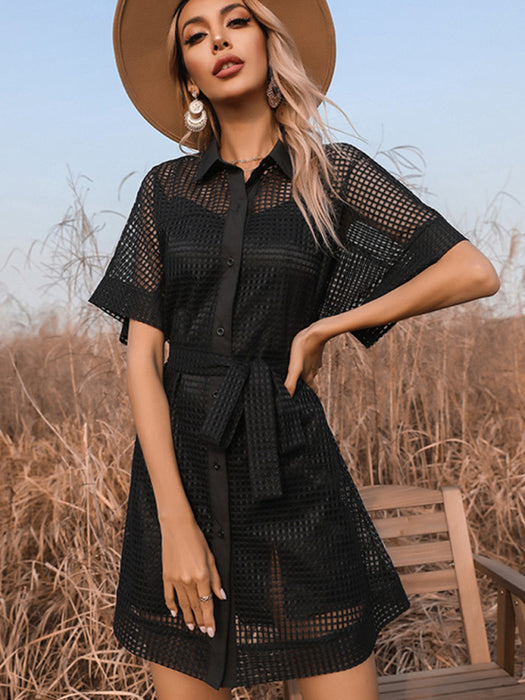 Sophisticated Black Mesh Dress with Lapel Collar - Timeless Elegance