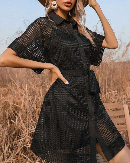 Sophisticated Black Mesh Dress with Stylish Lapel Accents - A Timeless Wardrobe Essential