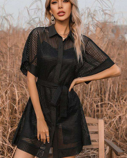 Sophisticated Black Mesh Dress with Stylish Lapel Accents - A Timeless Wardrobe Essential