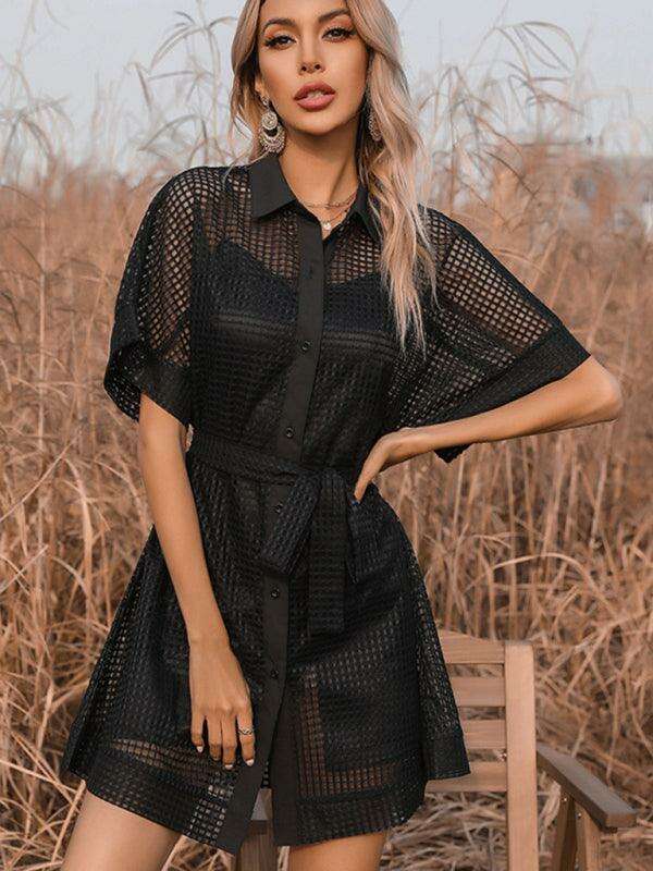 Sophisticated Black Mesh Dress with Stylish Lapel Accents - A Timeless Wardrobe Essential