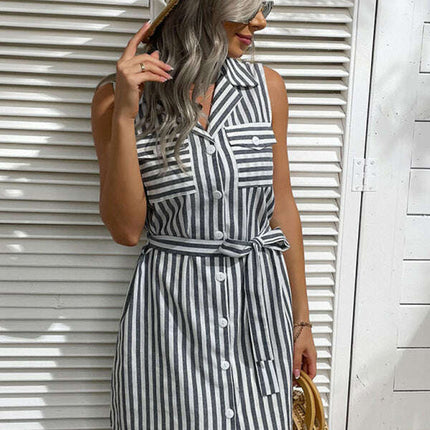 Nipped Waist Shirt Dress Lapel Grey Beach Stripe Dress
