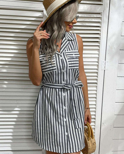 Nipped Waist Shirt Dress Lapel Grey Beach Stripe Dress