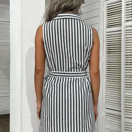 Nipped Waist Shirt Dress Lapel Grey Beach Stripe Dress