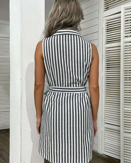 Nipped Waist Shirt Dress Lapel Grey Beach Stripe Dress