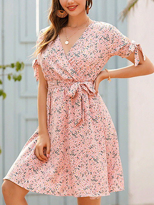 Elegant Deep V-Neck Bow Tie French Dress with Short Petal Sleeves - Chic Summer Elegance