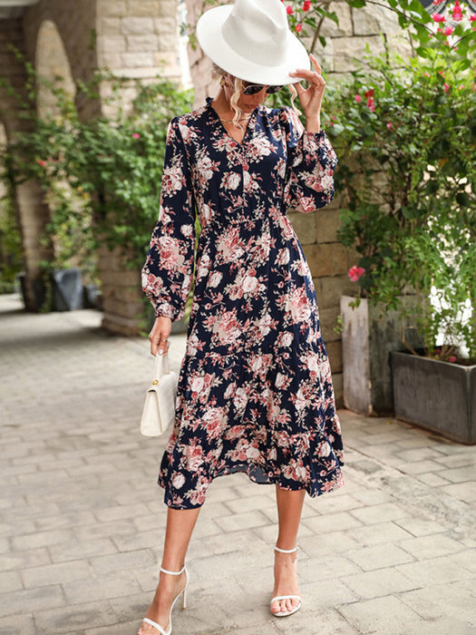 Chic Retro Printed Dress with Long Sleeves - Stylish Autumn & Winter Wear