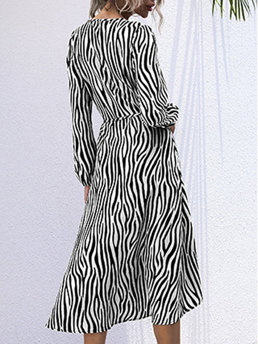 Zebra Print V-Neck Tie One Piece Long Sleeve Dress