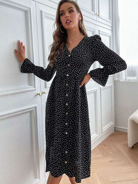 Elegant Black Polka Dot A-line Dress with Princess Sleeves for Autumn Fashion
