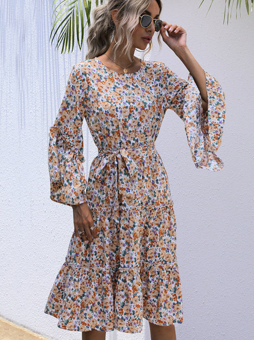 round neck print lace-up long-sleeve floral dress