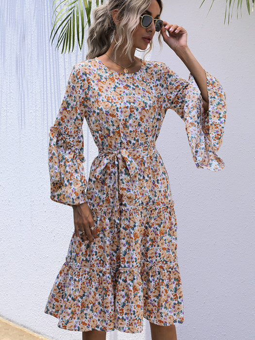 Charming Floral Lace-Up Maxi Dress with Ruffle Sleeves