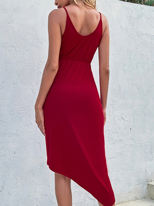 Elegant Solid Color Polyester Slip Dress with Unique Hemline