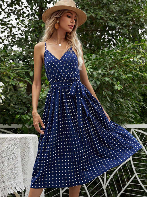 polka-dot slip dress mid-length lace-up pleated dress