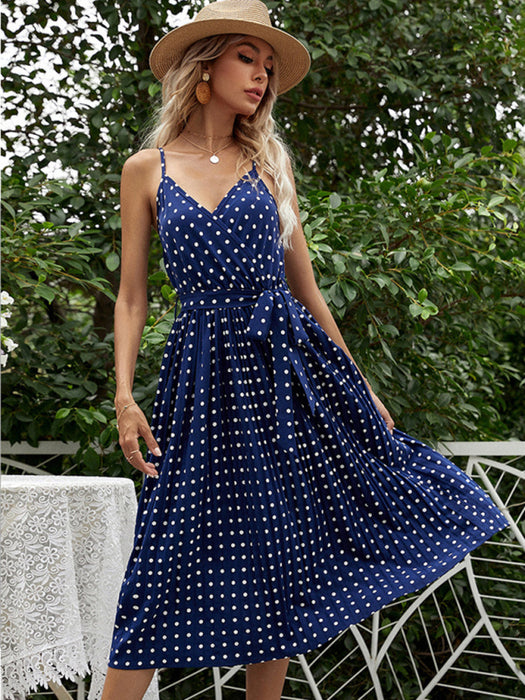 Chic Pleated Polka-Dot Slip Dress with Lace-Up Detail