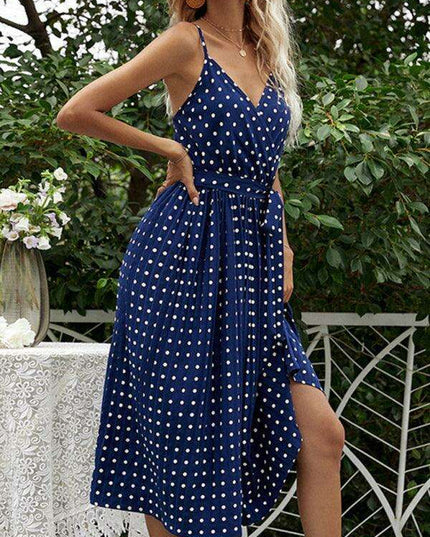 Charming Polka-Dot Lace-Up Midi Dress