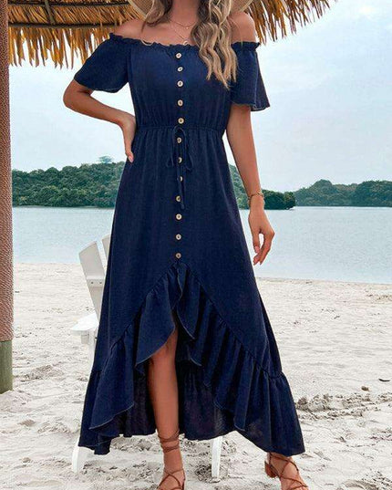 Chic Blue One Shoulder Ruffle Dress with Flowy Hem