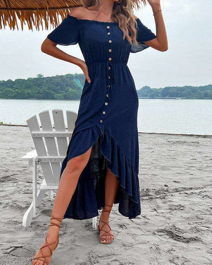 Chic Blue One Shoulder Ruffle Dress with Flowy Hem