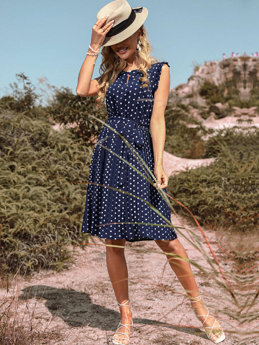 Polka Dot Pleated Dress with Round Neck for Women
