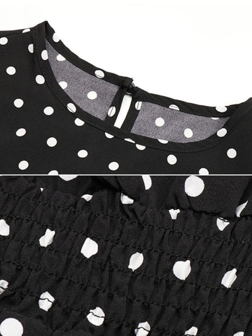 Retro Charm Black Polka Dot Slim Dress with Mid-length Skirt