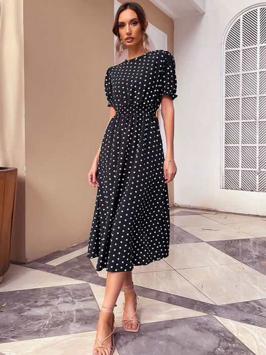 Retro Elegance: Black Polka Dot Slim Dress with Mid-length Skirt