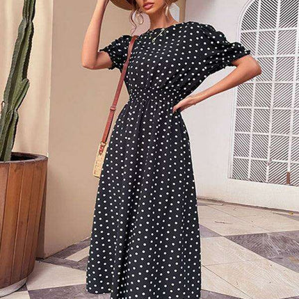 Vintage Inspired Black Polka Dot Dress with Flattering Midi Skirt