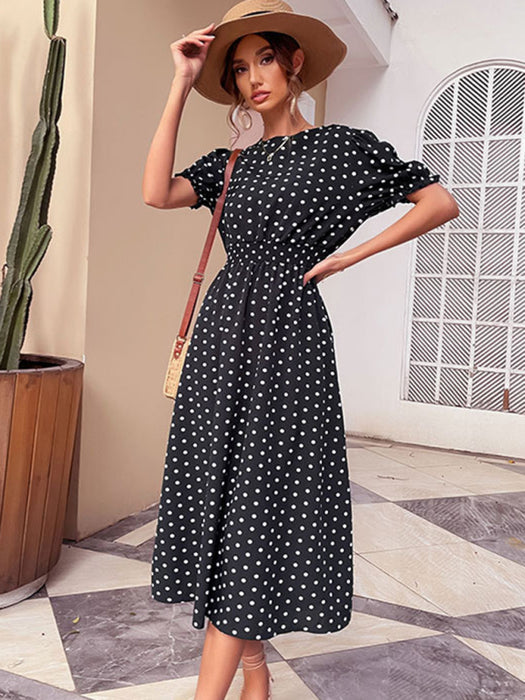 Retro Elegance: Black Polka Dot Slim Dress with Mid-length Skirt