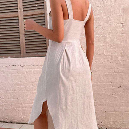 European-Inspired Cotton Linen Midi Dress with Adjustable Suspenders