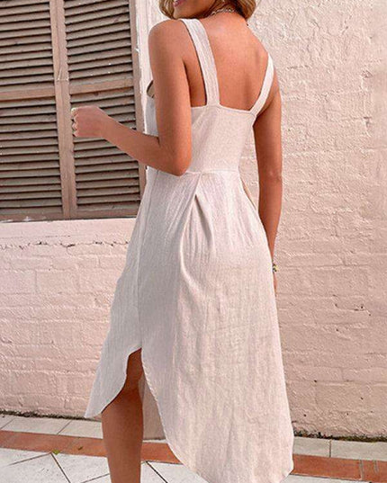 European-Inspired Cotton Linen Midi Dress with Adjustable Suspenders