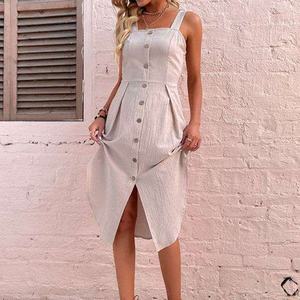 European-Inspired Cotton Linen Midi Dress with Adjustable Suspenders
