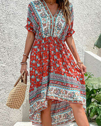 Vintage-Inspired Asymmetrical Hem Midi Dress for Tropical Escapes