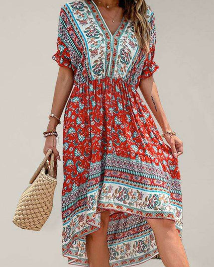 Vintage-Inspired Asymmetrical Hem Midi Dress for Tropical Escapes