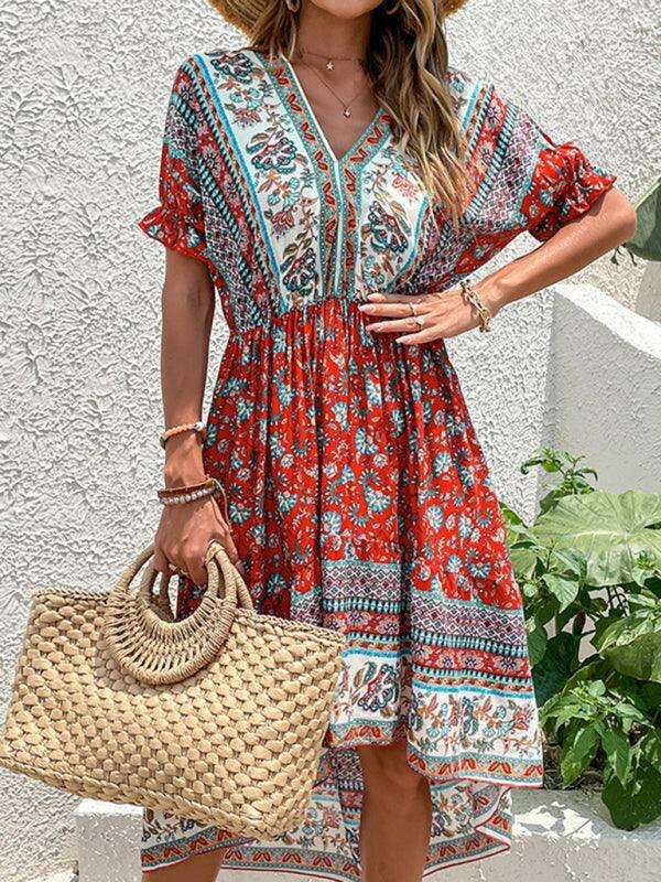 Vintage-Inspired Asymmetrical Hem Midi Dress for Tropical Escapes