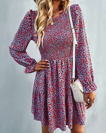 Chic Floral Pattern Long Sleeve Dress for Women