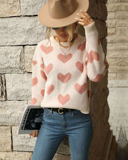 Knit Casual Heart Long Sleeve Pink Sweater