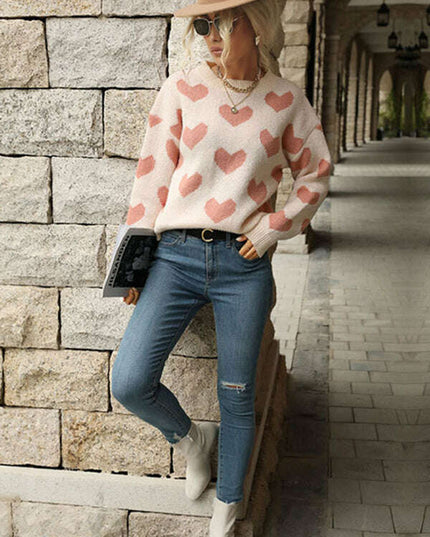 Knit Casual Heart Long Sleeve Pink Sweater