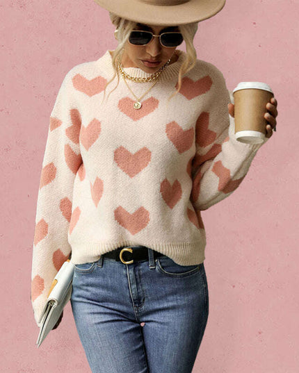 Knit Casual Heart Long Sleeve Pink Sweater