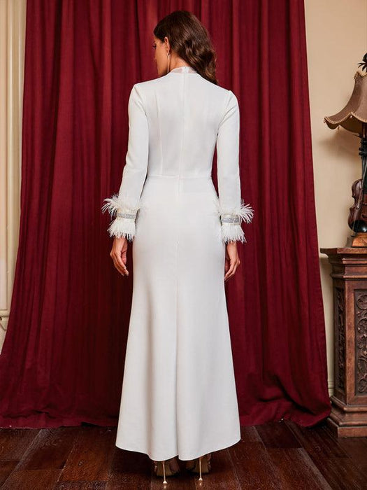 Glamorous Deep V-Neck Feather-Embellished Evening Dress