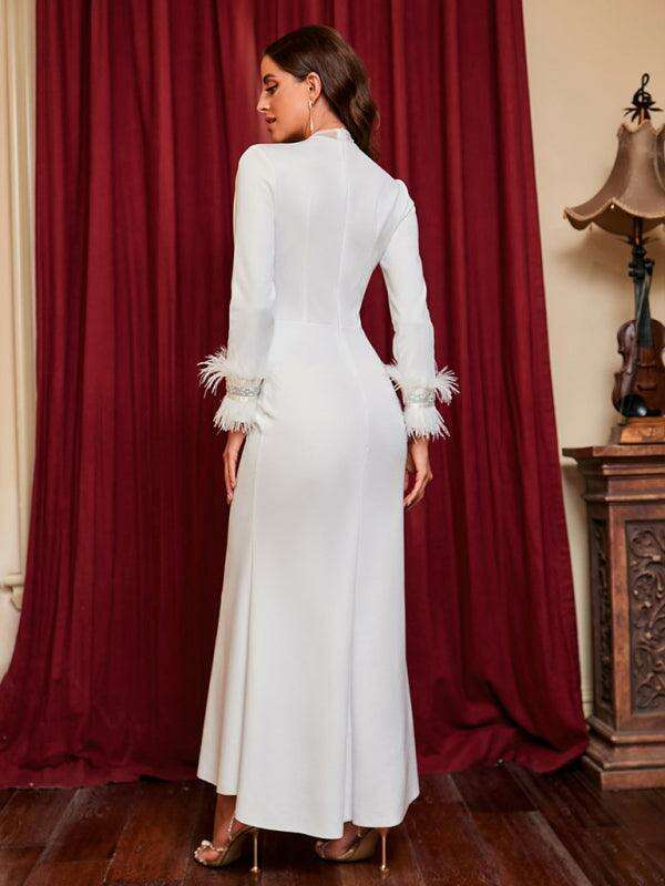 Glamorous Deep V-Neck Feather-Embellished Evening Dress