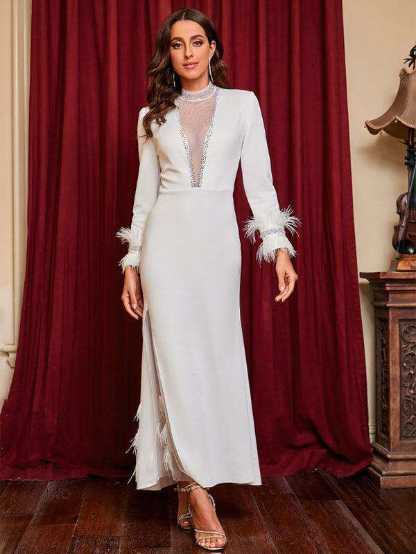 Glamorous Deep V-Neck Feather-Embellished Evening Dress