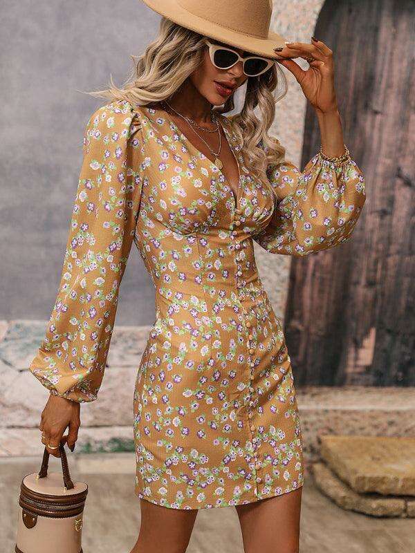 Trendy Floral V-Neck Mini Dress with Elegant Puff Sleeves
