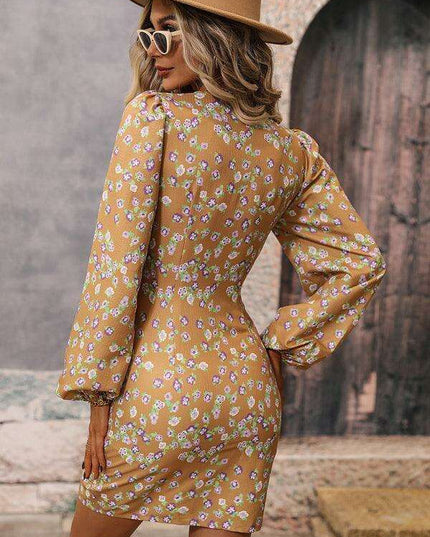 Trendy Floral V-Neck Mini Dress with Elegant Puff Sleeves