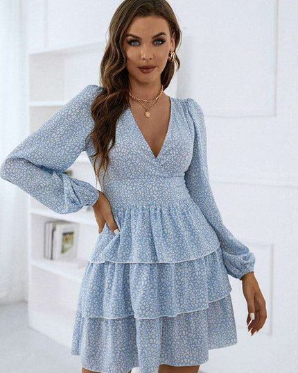 Charming Polka Dot V-Neck Dress with Puff Sleeves and Waist-Defining Style